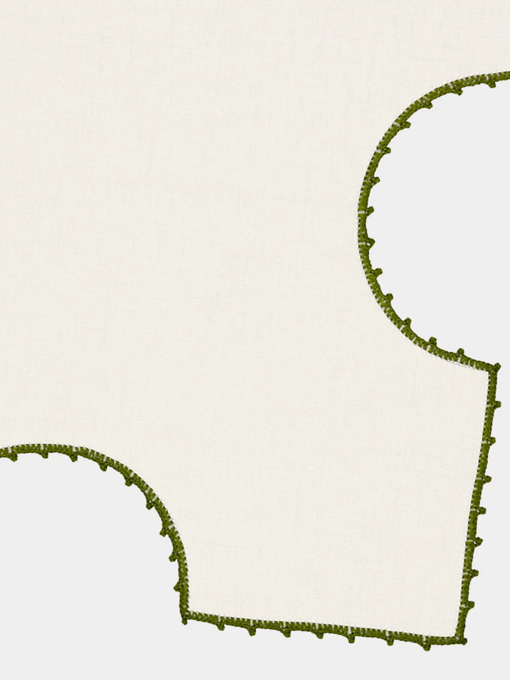 Hand-Embroidered Teresa White Linen with Dark Green Crochet Bread Basket Cloth - Image 3