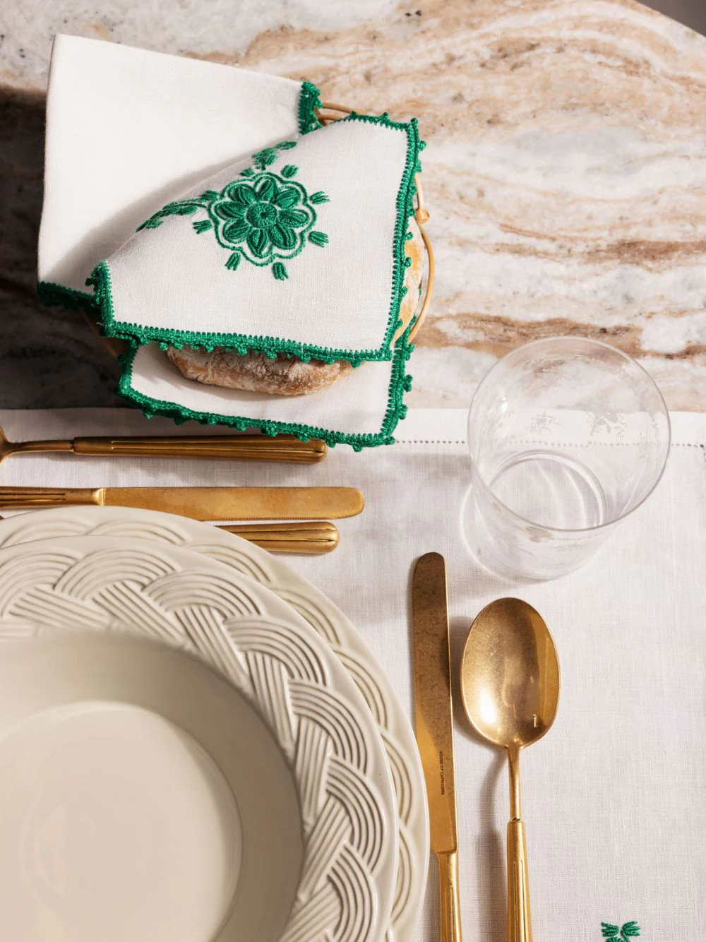 Hand-Embroidered Teresa White Linen with Green Crochet Bread Basket Cloth