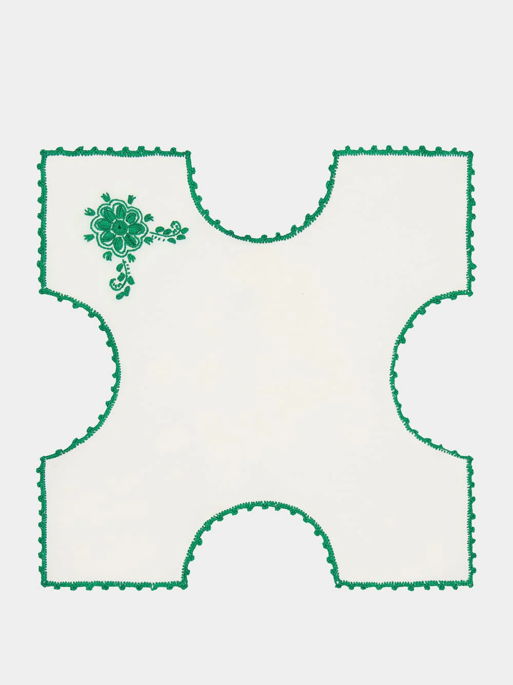 Hand-Embroidered Teresa White Linen with Green Crochet Bread Basket Cloth - Image 2