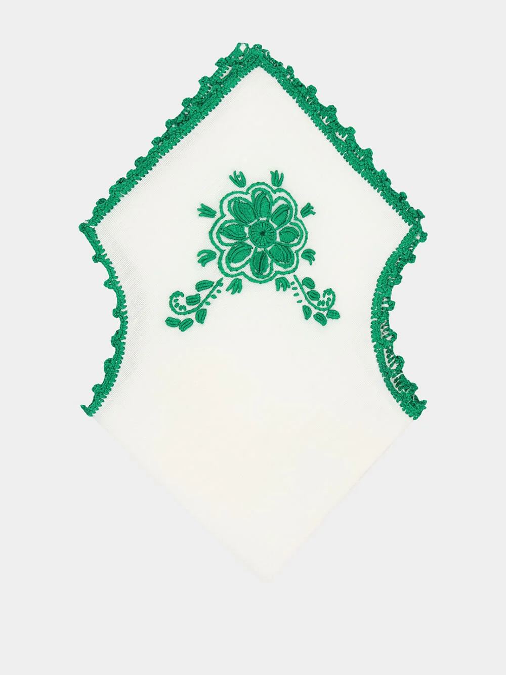 Hand-Embroidered Teresa White Linen with Green Crochet Bread Basket Cloth - Image 3