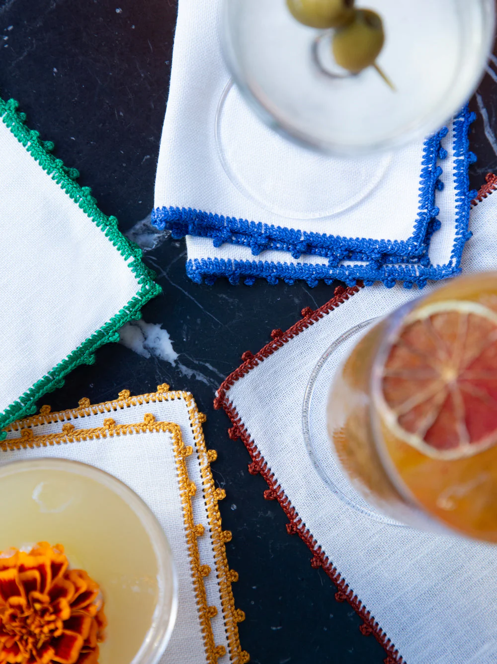 Hand-Embroidered Teresa White Linen with Green Crochet Cocktail Napkin - Image 2