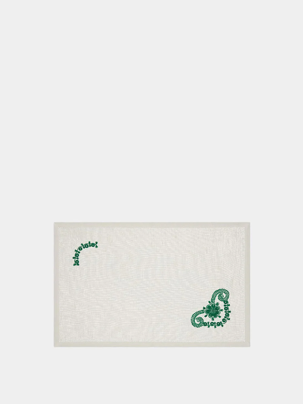 Hand-Embroidered Teresa White Linen with Green Embroidery Placemat