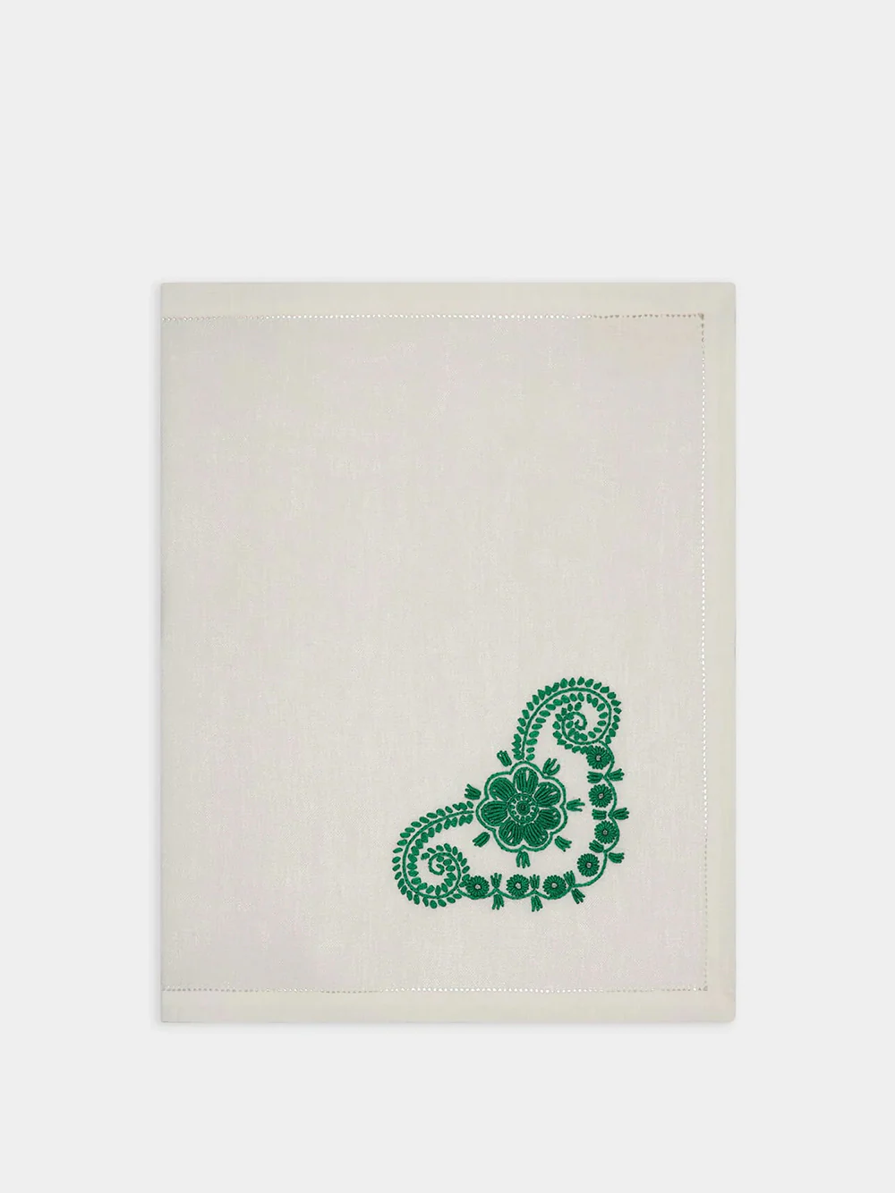 Hand-Embroidered Teresa White Linen with Green Embroidery Placemat - Image 3