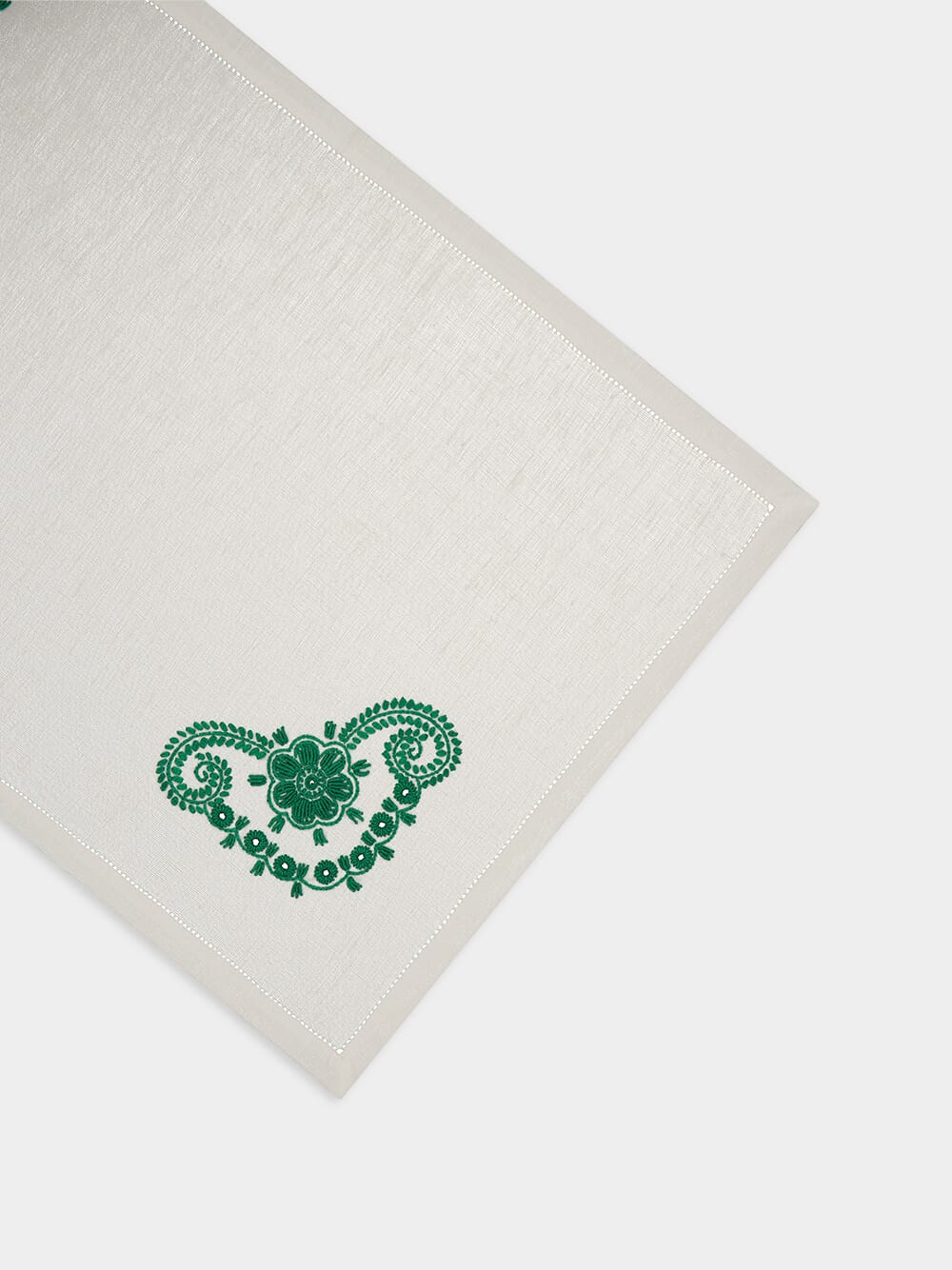 Hand-Embroidered Teresa White Linen with Green Embroidery Placemat - Image 4
