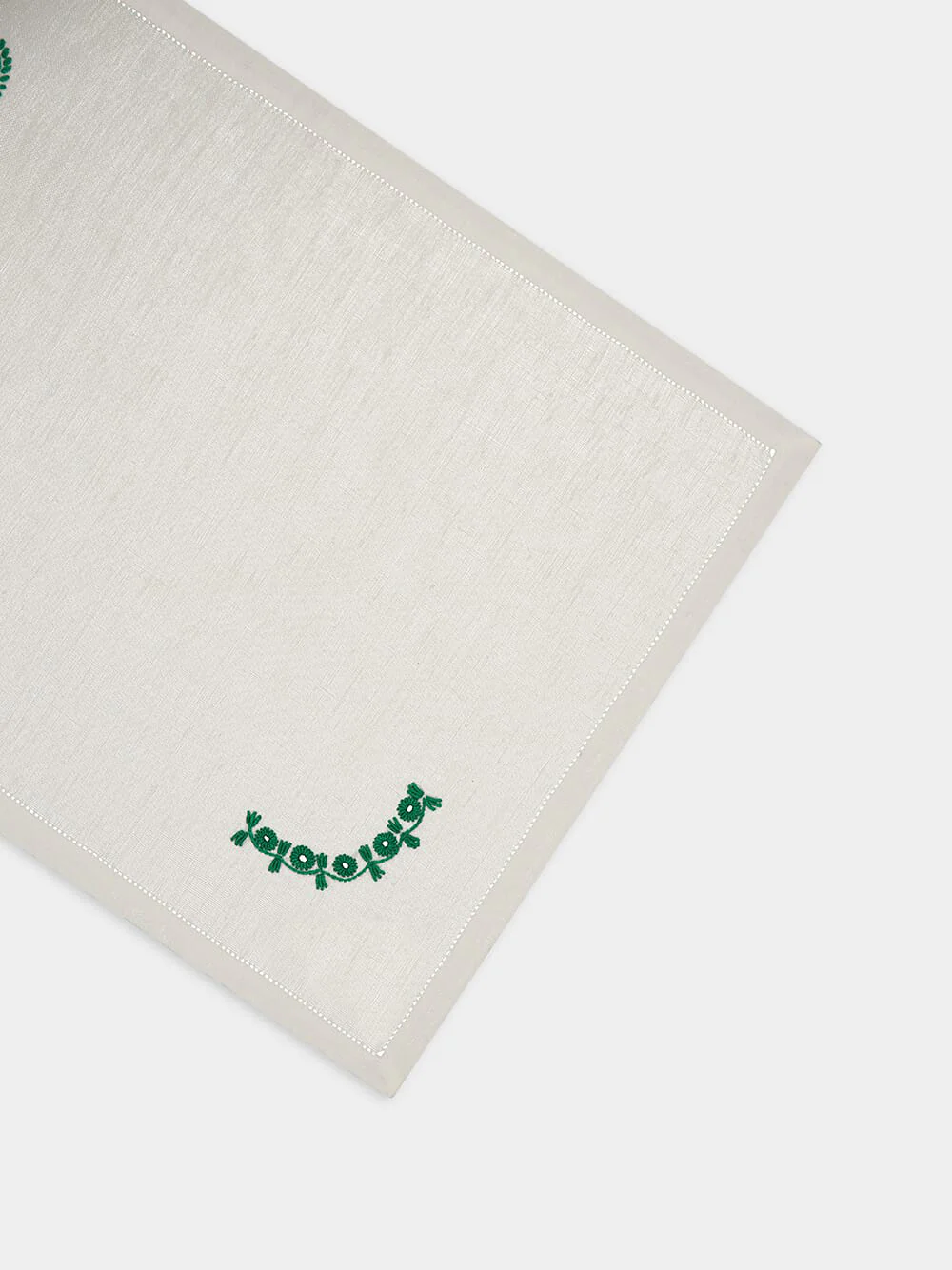 Hand-Embroidered Teresa White Linen with Green Embroidery Placemat - Image 5