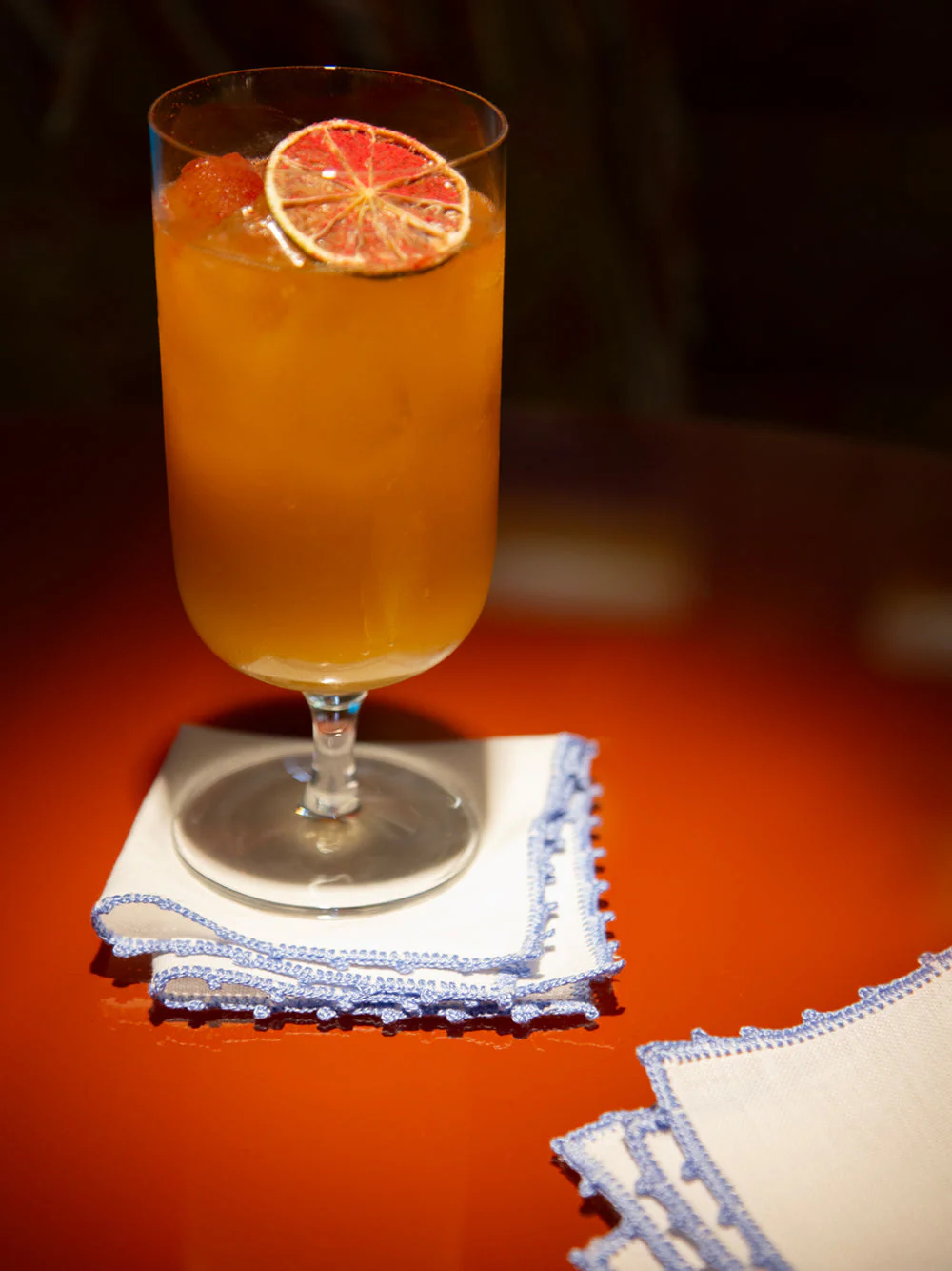 Hand-Embroidered Teresa White Linen with Light Blue Crochet Cocktail Napkin - Image 2