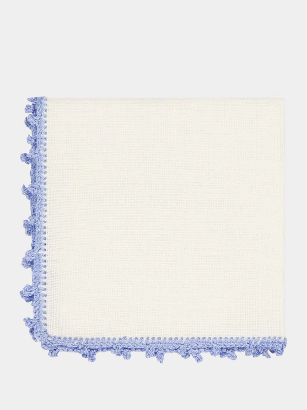 Hand-Embroidered Teresa White Linen with Light Blue Crochet Cocktail Napkin - Image 3