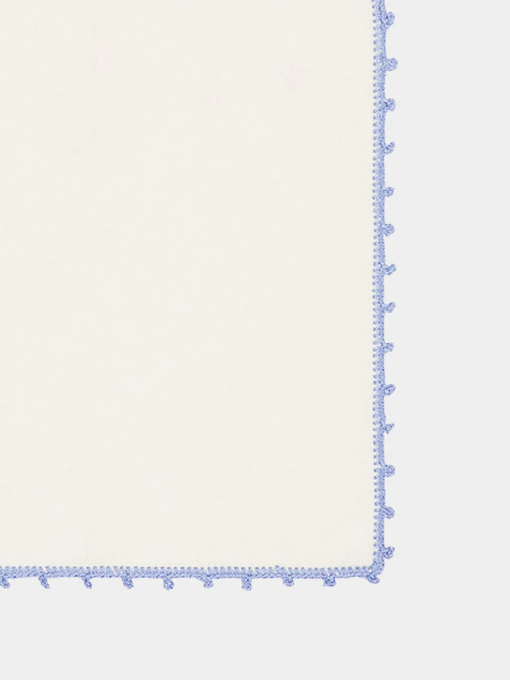 Hand-Embroidered Teresa White Linen with Light Blue Crochet Cocktail Napkin - Image 4