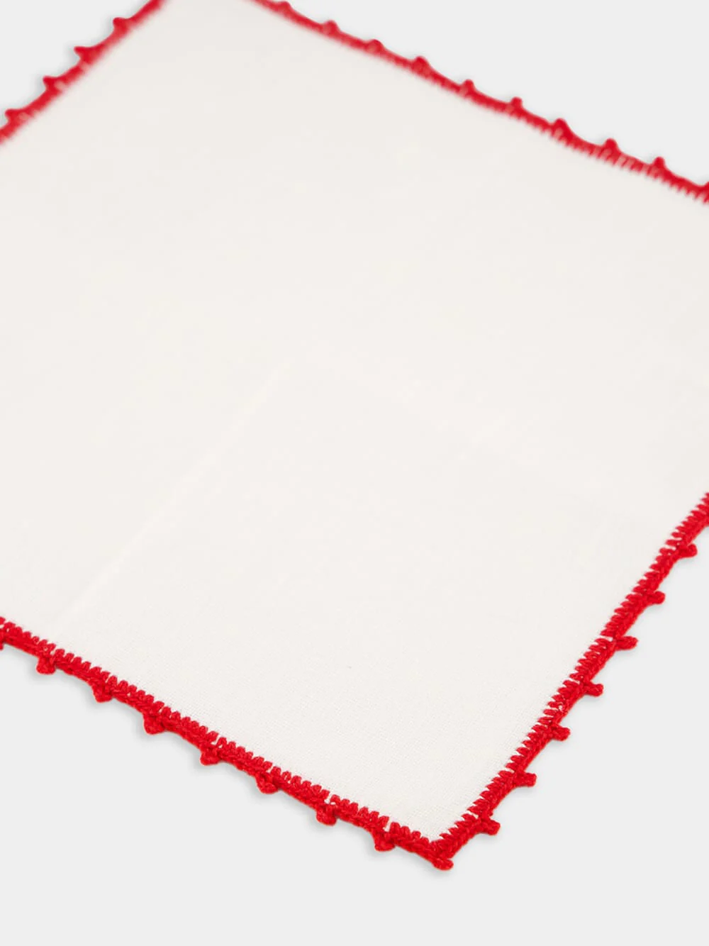 Hand-Embroidered Teresa White Linen with Red Cocktail Crochet Napkin - Image 4