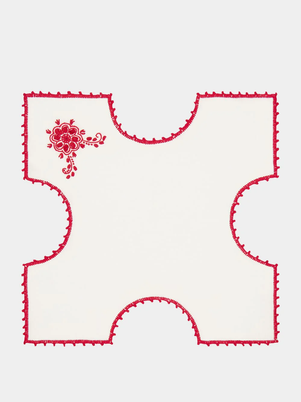 Hand-Embroidered Teresa White Linen with Red Crochet Bread Basket Cloth - Image 2