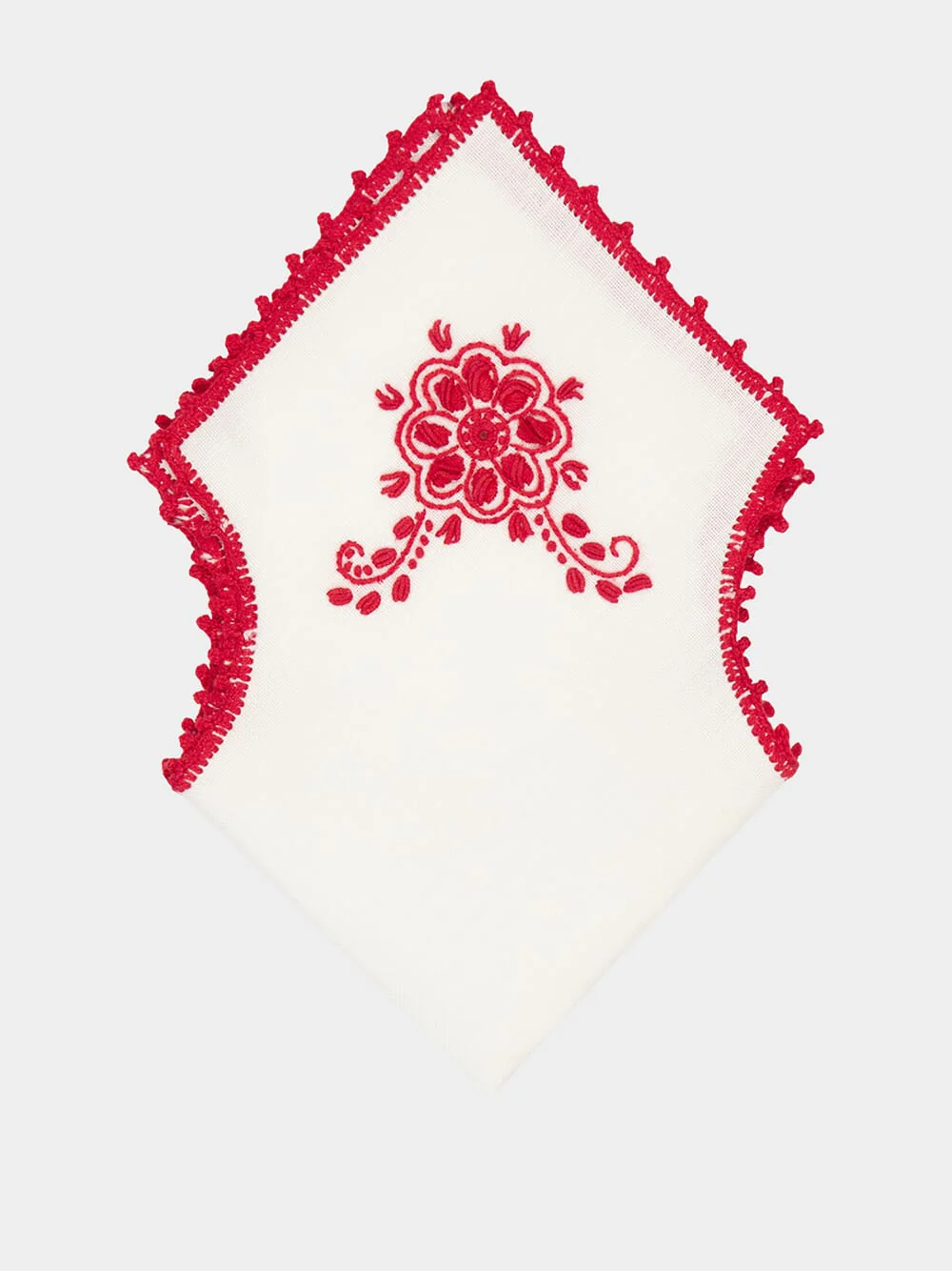 Hand-Embroidered Teresa White Linen with Red Crochet Bread Basket Cloth - Image 3