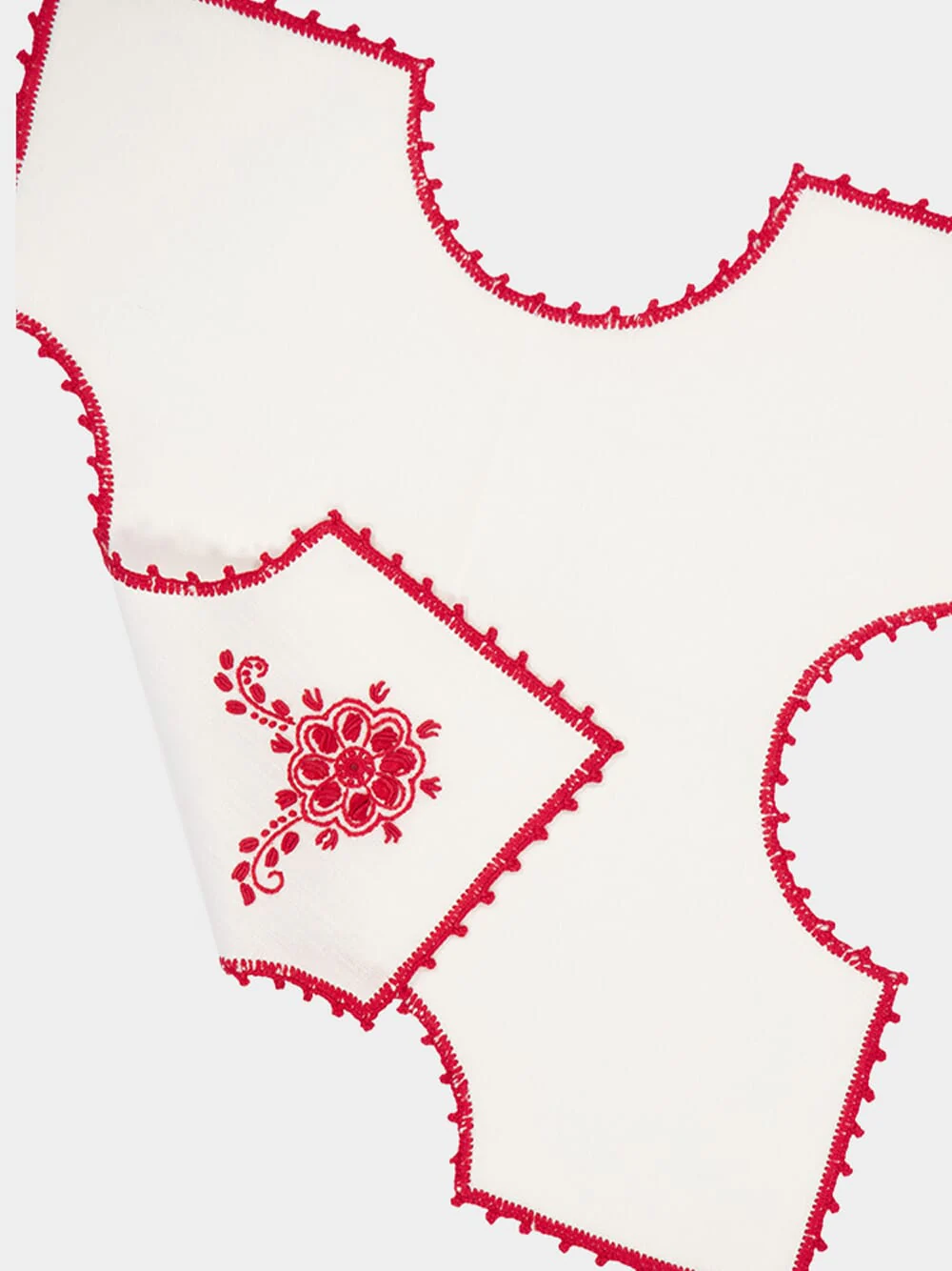 Hand-Embroidered Teresa White Linen with Red Crochet Bread Basket Cloth - Image 4
