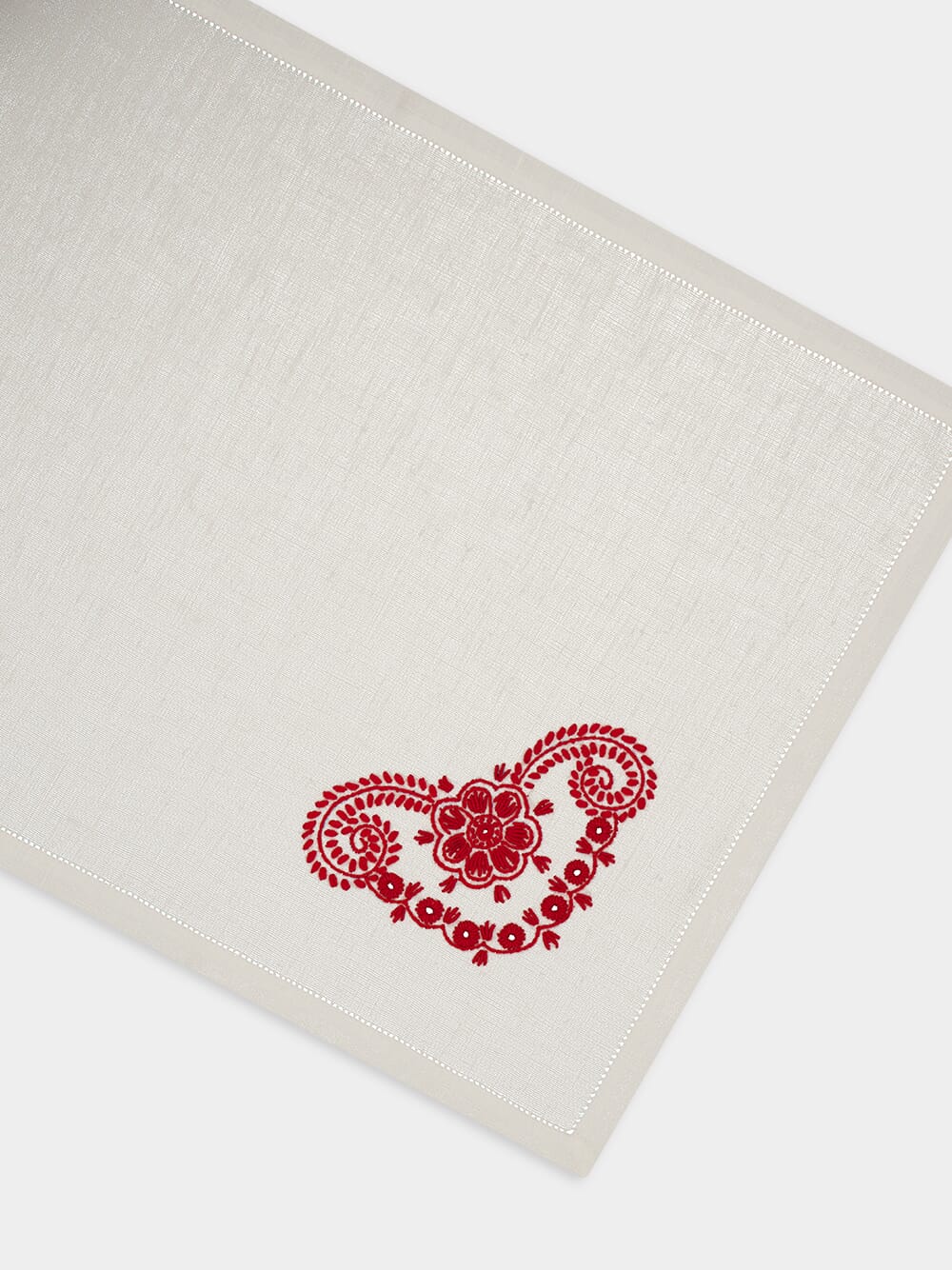 Hand-Embroidered Teresa White Linen with Red Embroidery Placemat - Image 4