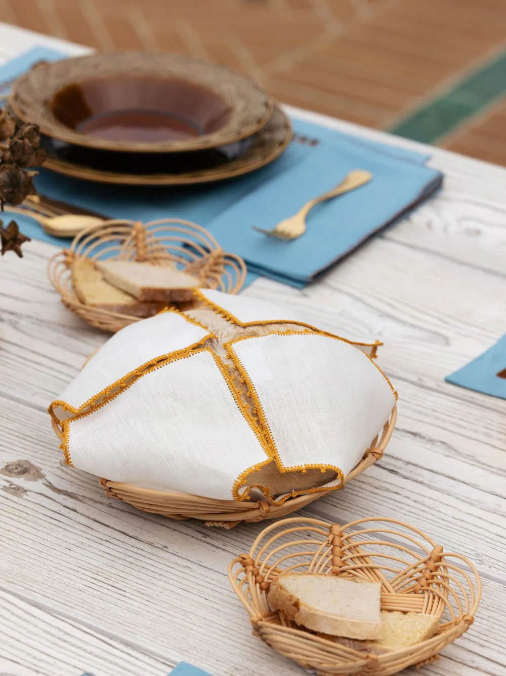 Hand-Embroidered Teresa White Linen with Yellow Crochet Bread Basket Cloth