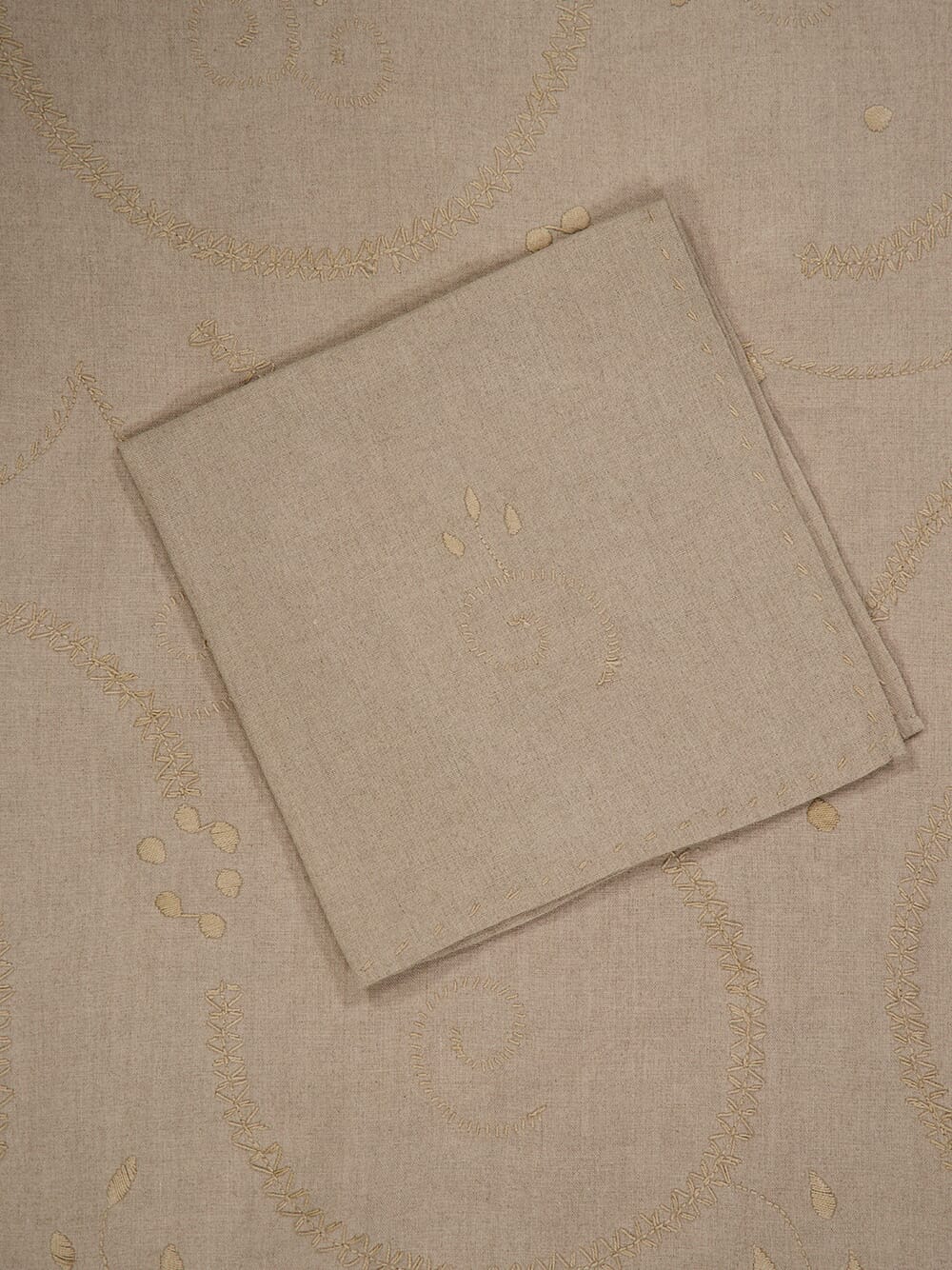 Hand-Embroidered Viana Beige Linen with Beige Embroidery Tablecloth and Napkin Set - Image 4