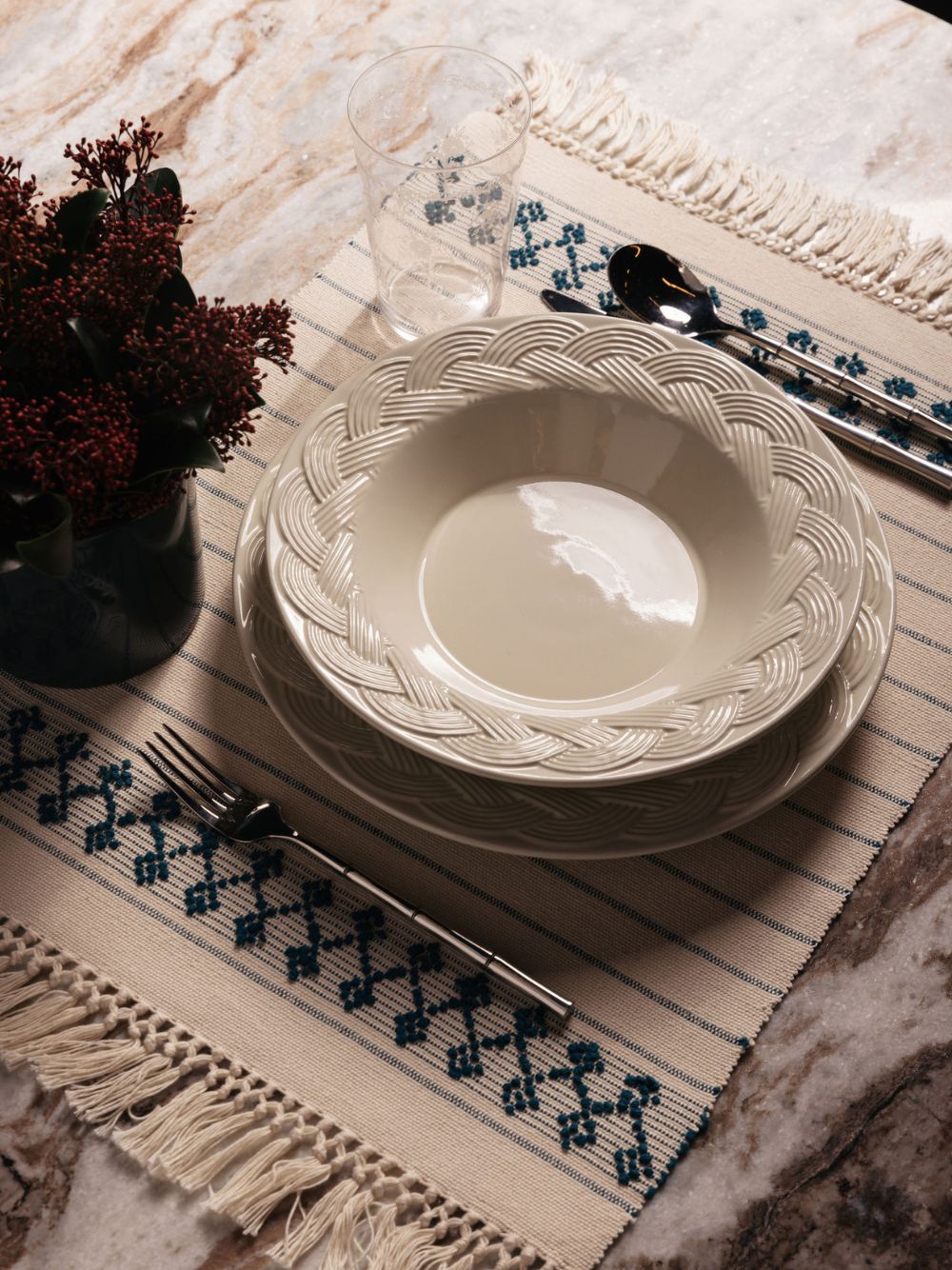 Handmade Amélia Natural and Petrol Blue Cotton Placemat - Image 2