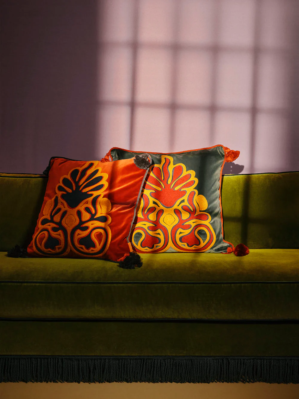 Teles Blue Velvet and Chenille Embroidered Cushion