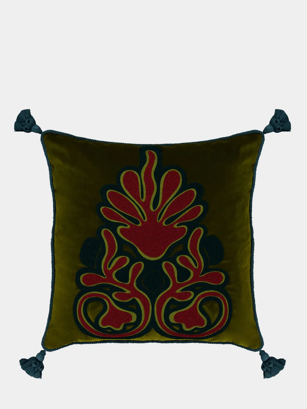 Teles Dark Green Velvet and Chenille Embroidered Cushion