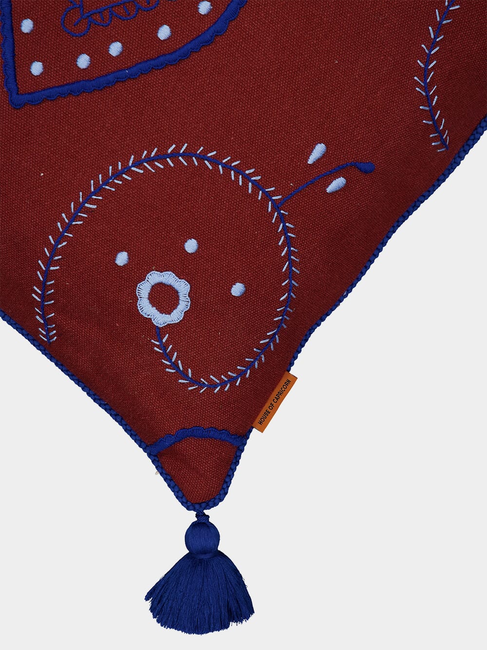 Hand-Embroidered Viana Bordeaux Linen with Blue Embroidery Cushion - Image 4