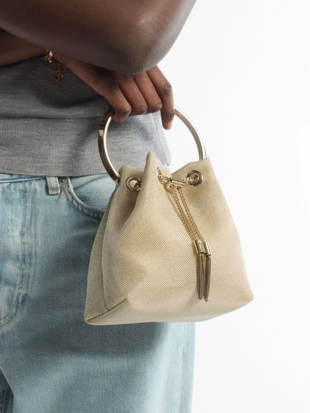 Champagne Bon Bon Light Gold Metallic Mesh Bucket Bag - Image 2
