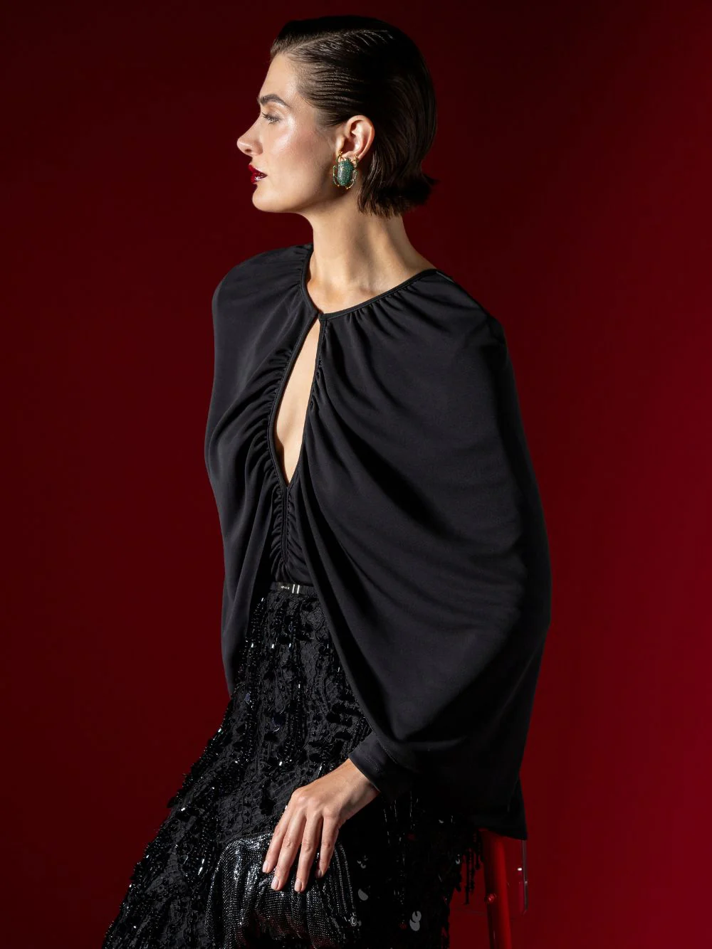 Black Starlight Draped Jersey Bodysuit