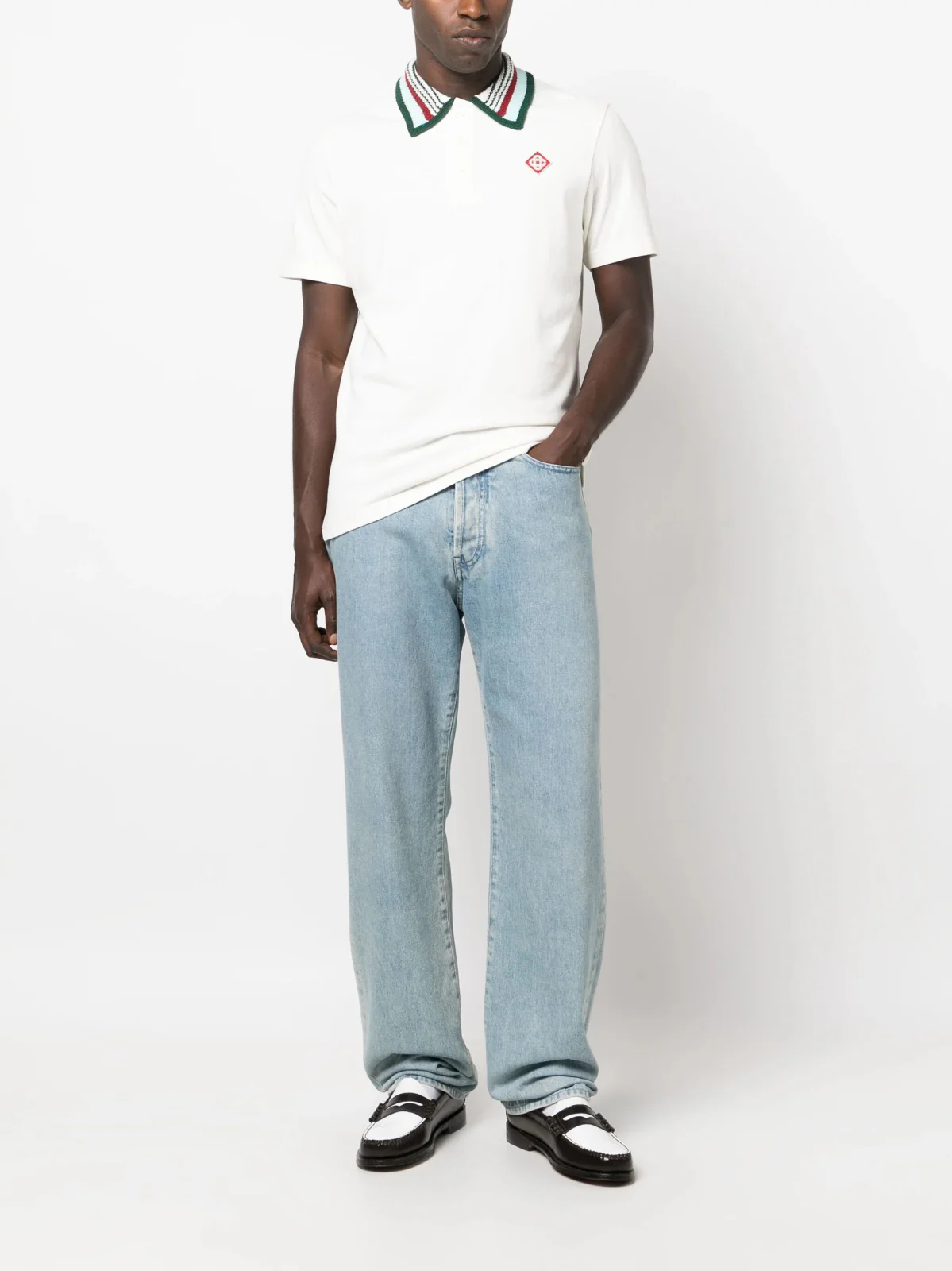 Knitted-Collar Cotton White Polo-Shirt - Image 2