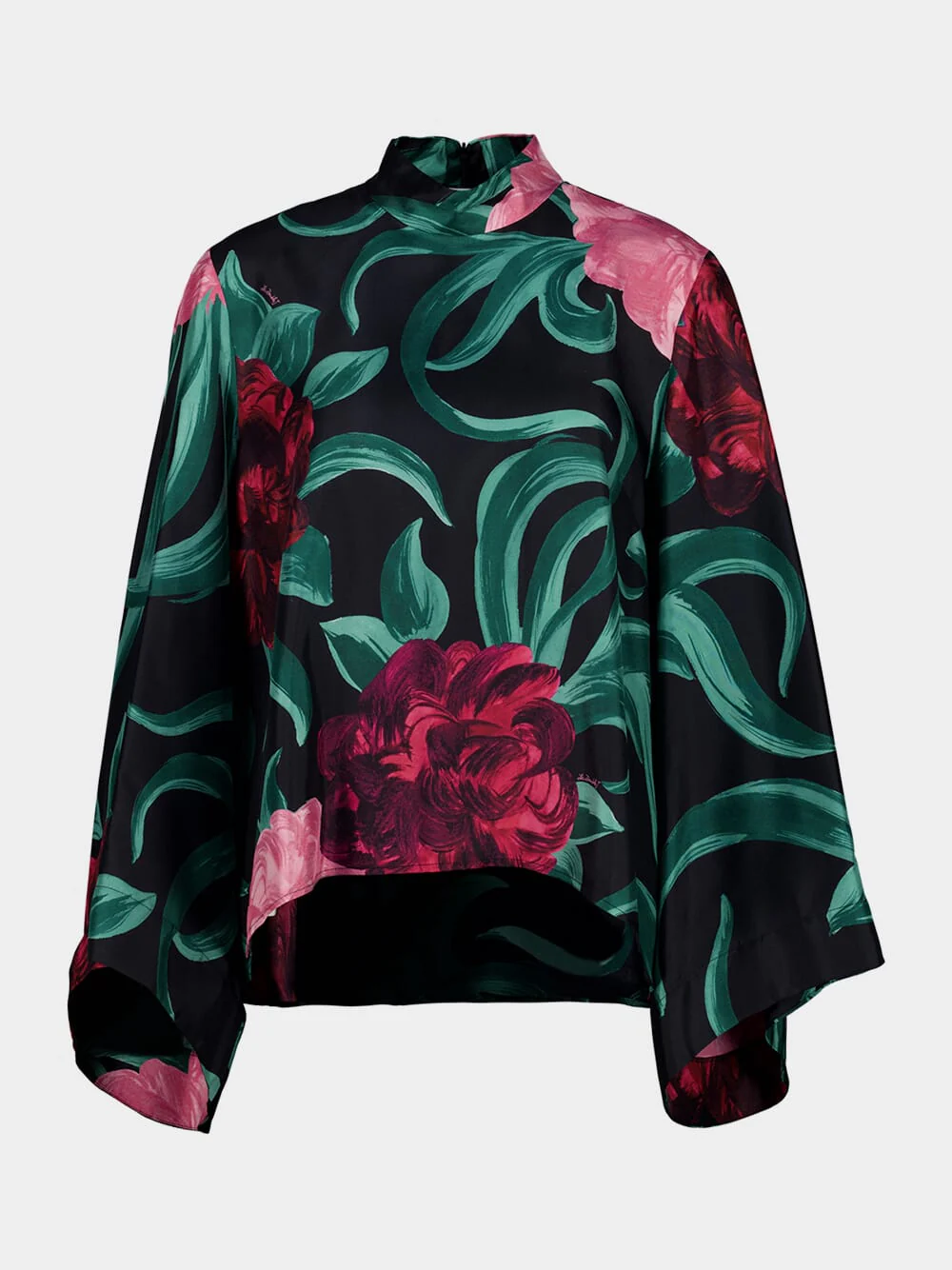 Black Silk Floral Long-Sleeve Top