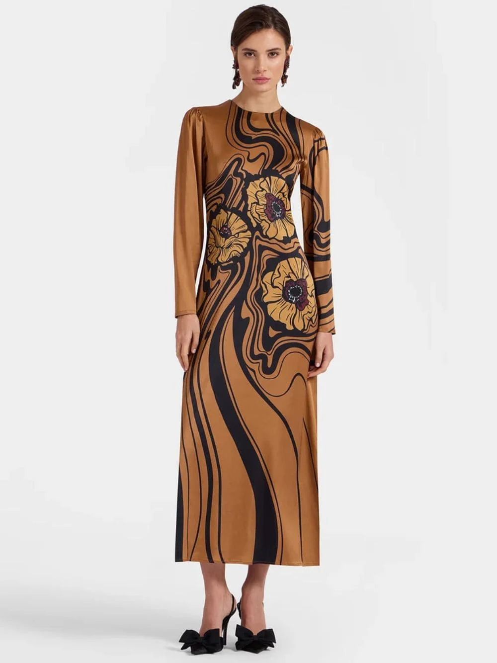 Brown Big Blooms Long-Sleeve Stretch Satin Dress