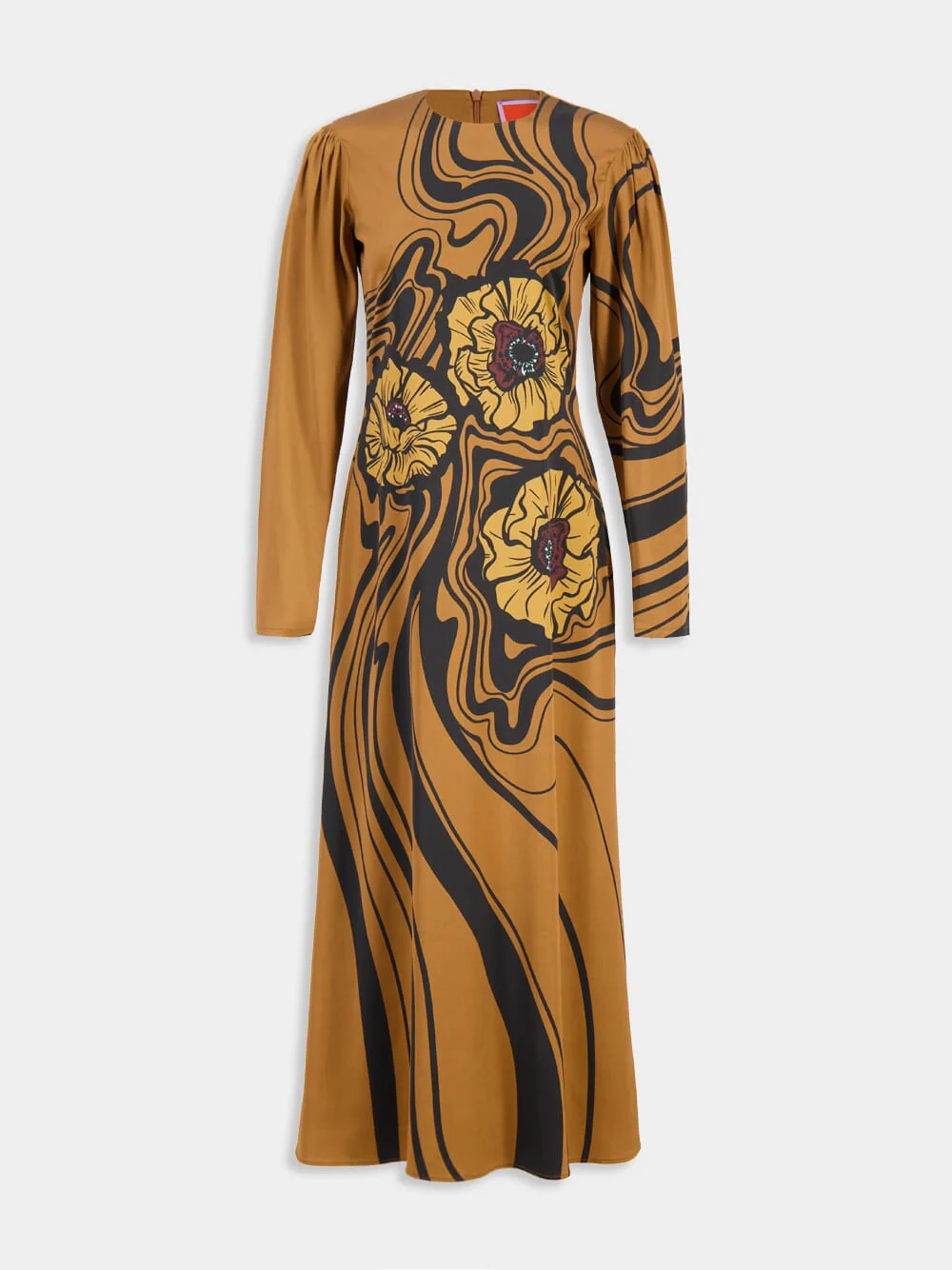 Brown Big Blooms Long-Sleeve Stretch Satin Dress - Image 2