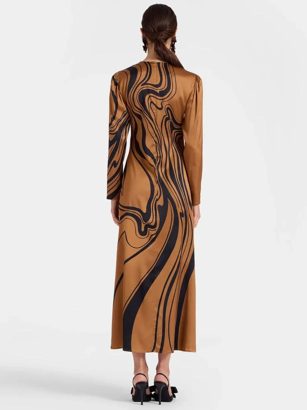 Brown Big Blooms Long-Sleeve Stretch Satin Dress - Image 3
