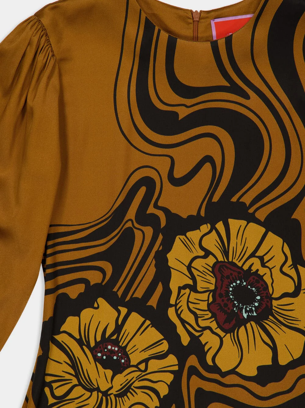 Brown Big Blooms Long-Sleeve Stretch Satin Dress - Image 5