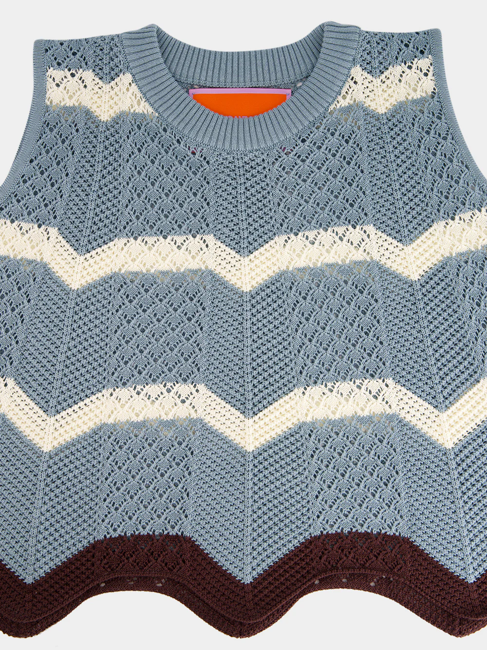 Color Block Blue and Ivory Cotton Knit Chevron Top - Image 5
