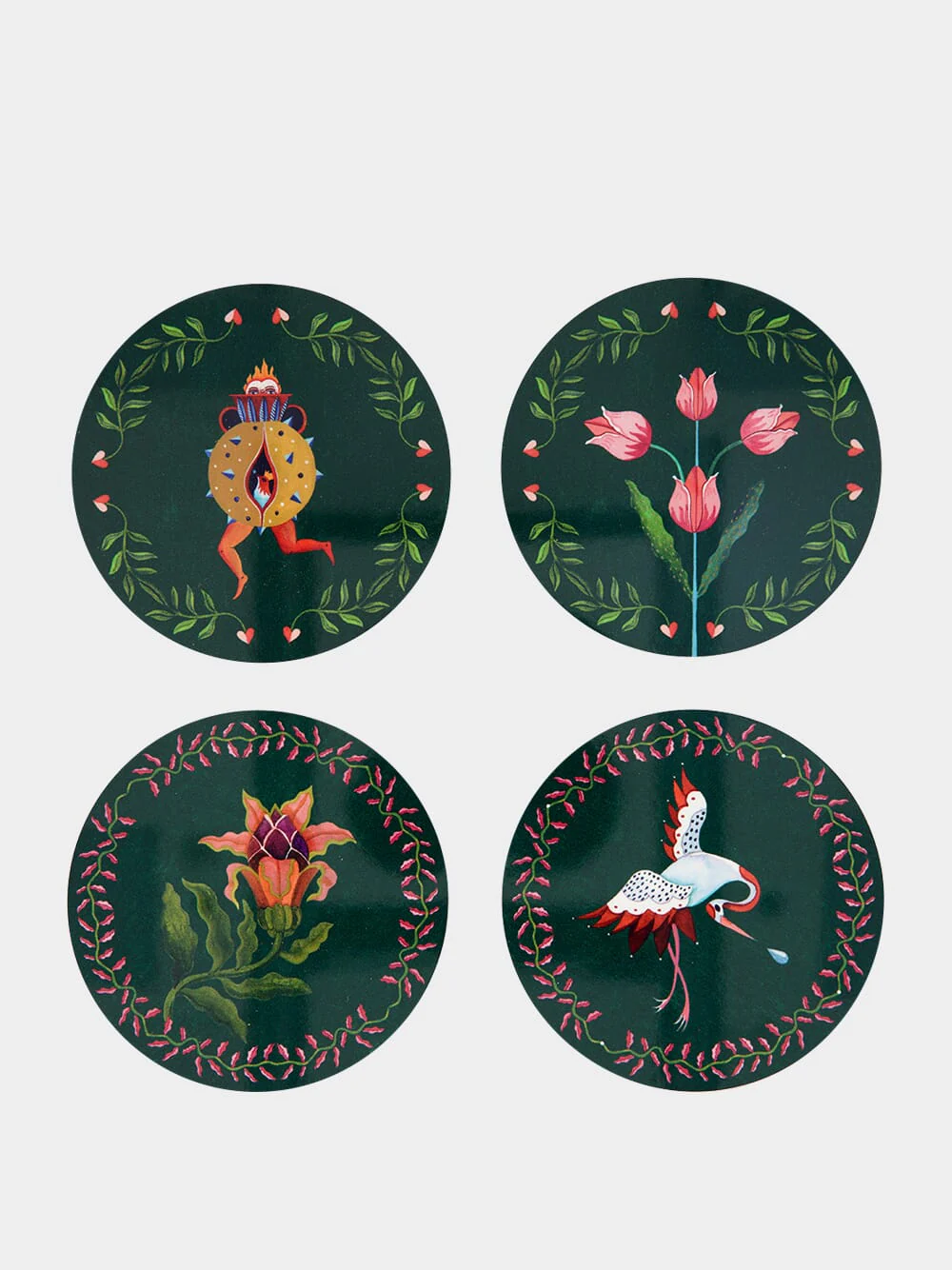 Dark Green Flora Fauna Cork Coasters Set of 4