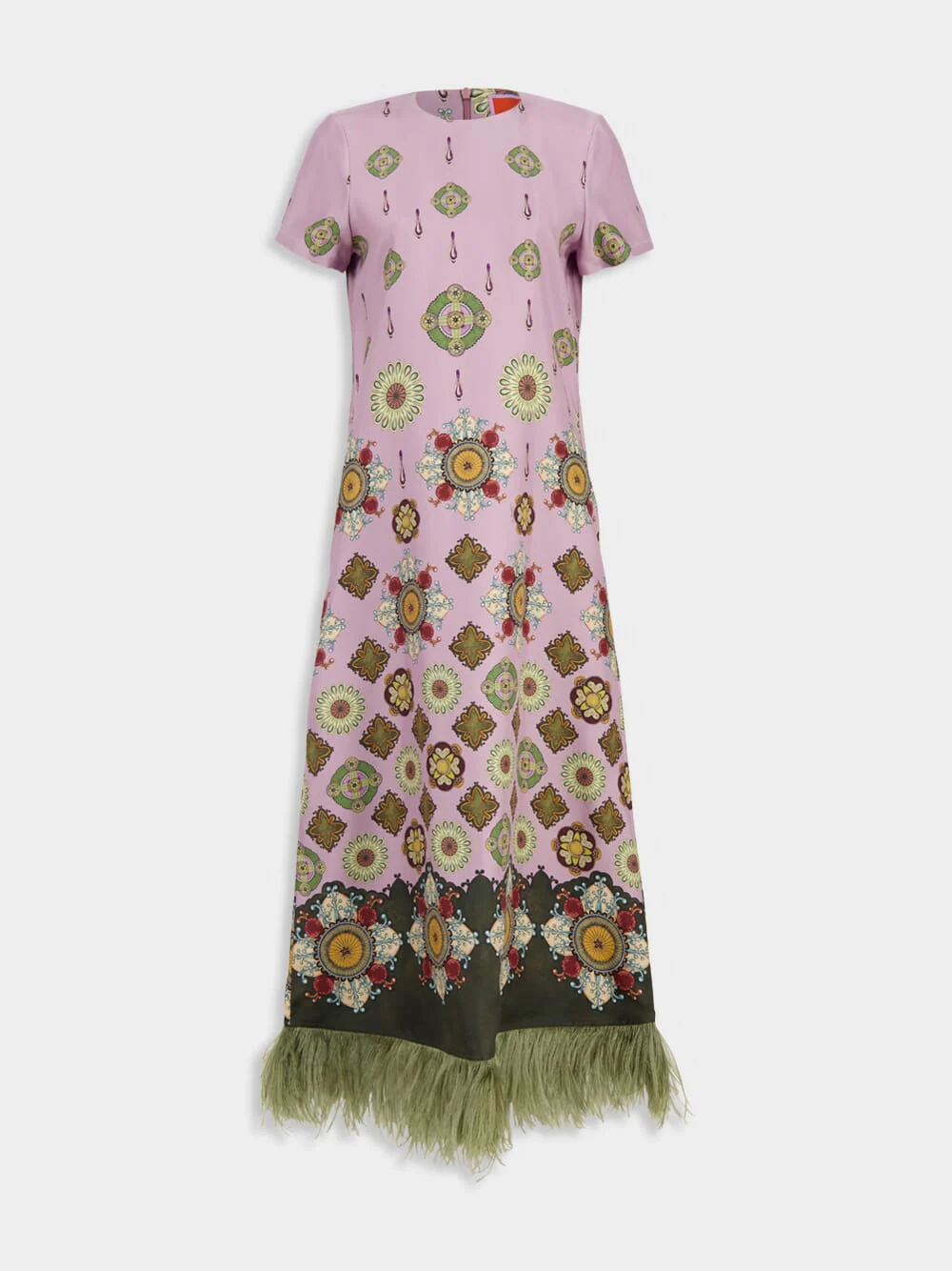Dusty Pink Silk Swing Dress with Feathers