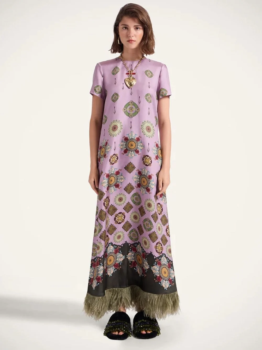 Dusty Pink Silk Swing Dress with Feathers - Image 2