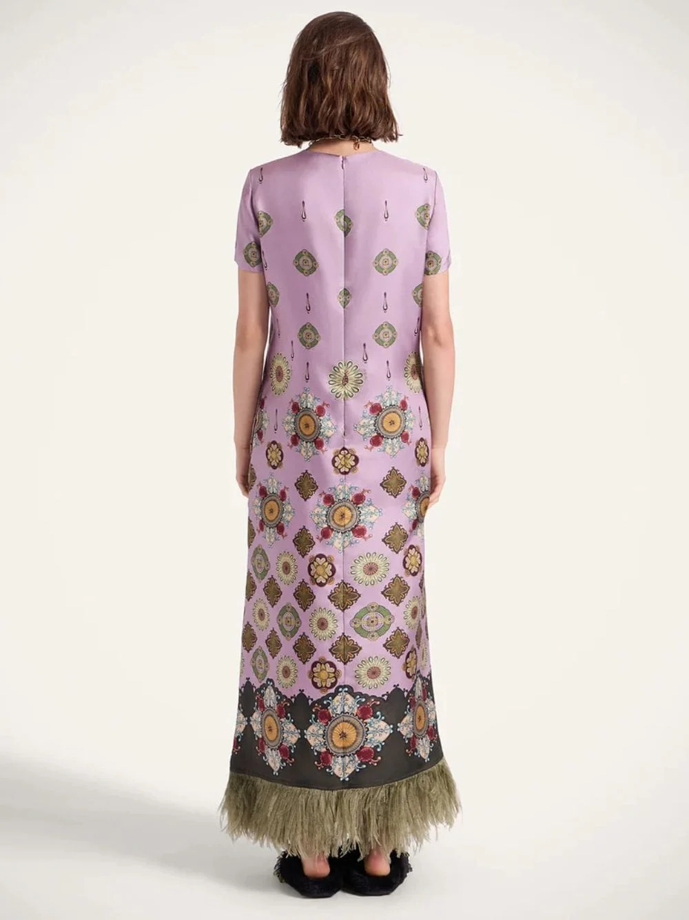 Dusty Pink Silk Swing Dress with Feathers - Image 4