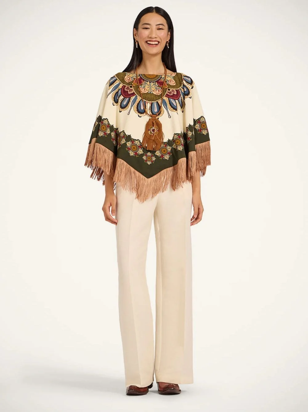 Nucleus Placée Reversible Mini Poncho in Off White Envers Satin with Fringes
