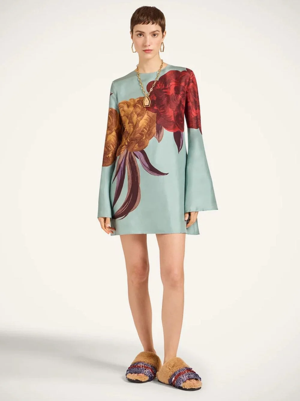 Peony Print Light Blue Silk Mini Dress