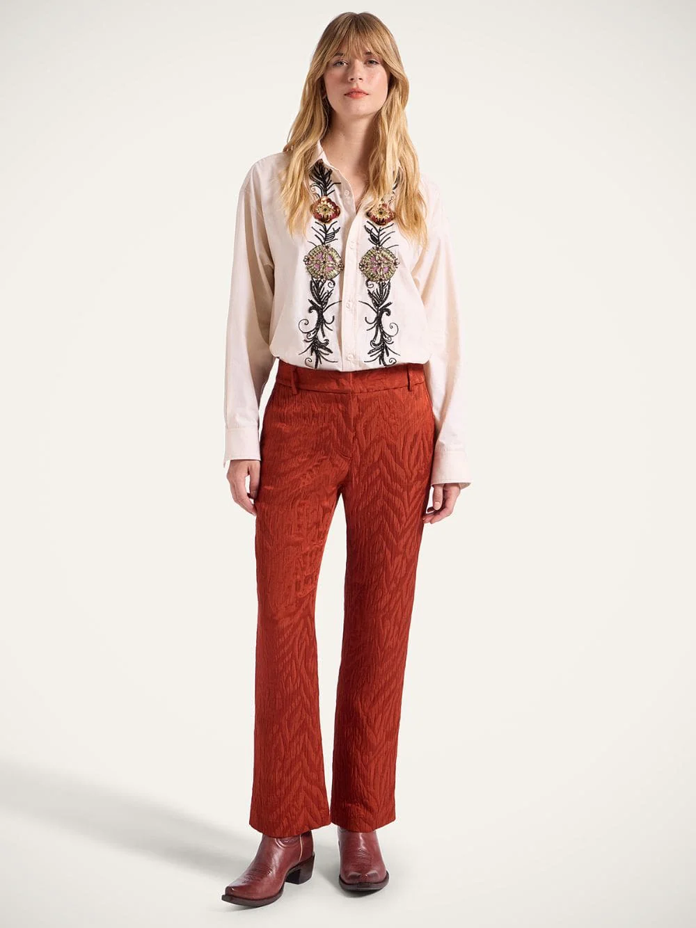 Rust Jacquard Matelassé 24/7 Cigarette Pants - Image 2