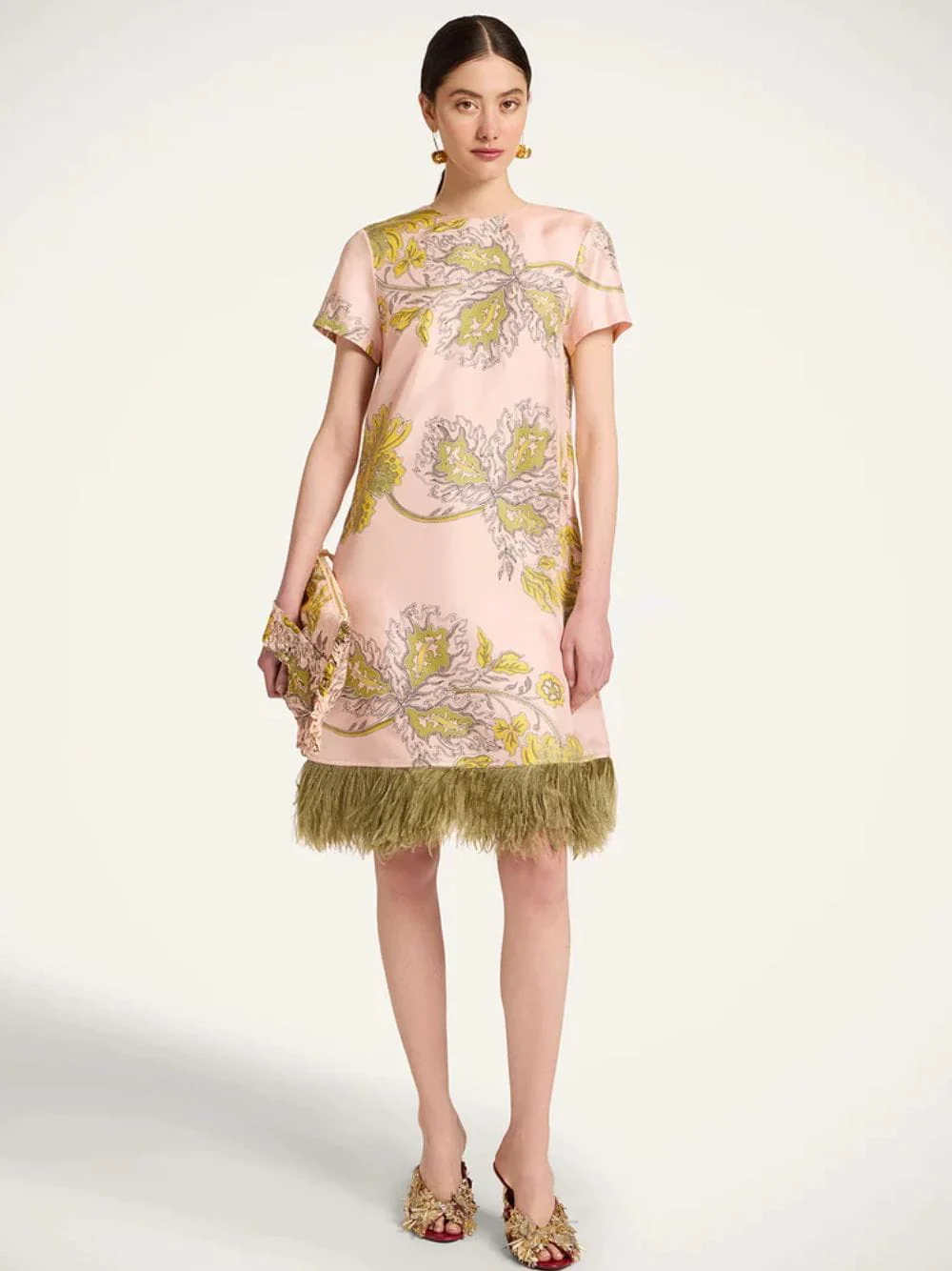Swathe Pink Silk Twill Mini Swing Dress with Feathers - Image 2