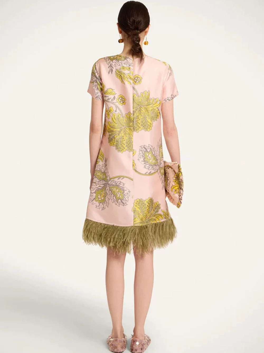 Swathe Pink Silk Twill Mini Swing Dress with Feathers - Image 4