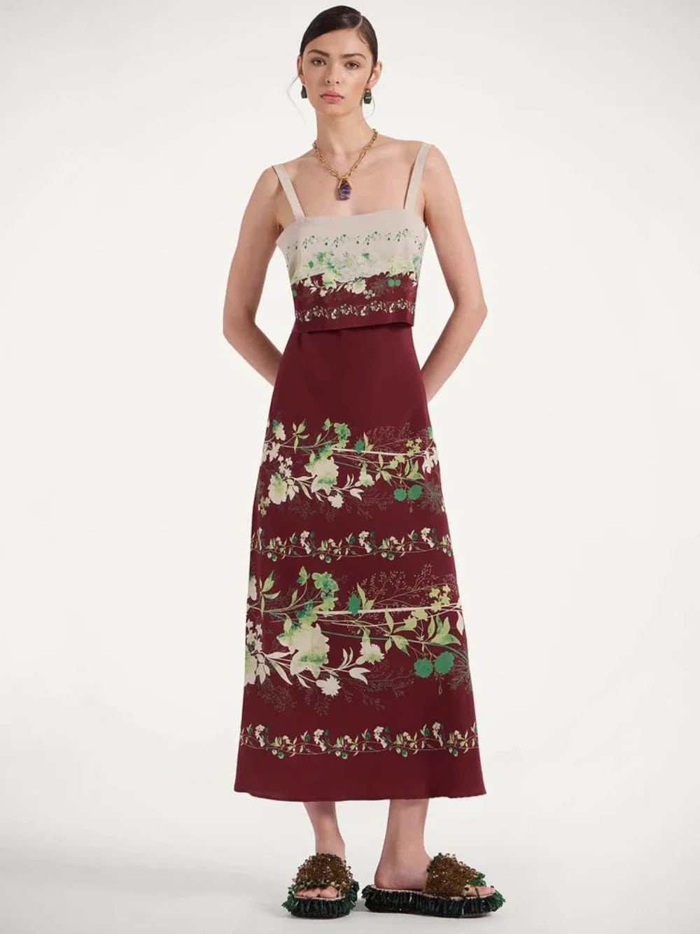 Woodland Placée Burgundy Crepe de Chine Midi Dress