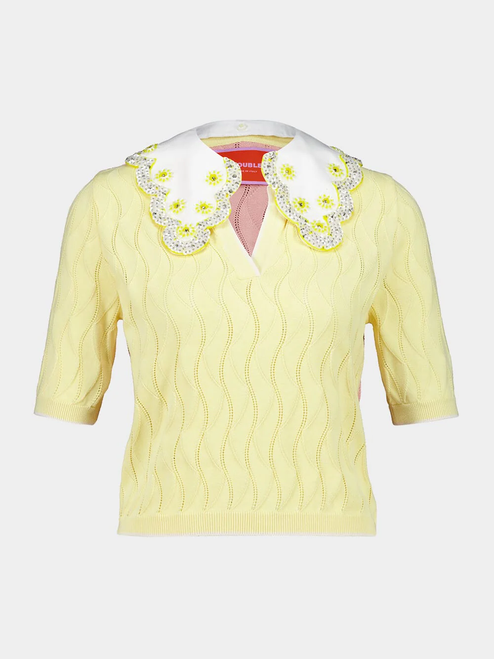 Yellow and Pink Embroidered Silk Cotton Blend Crop Polo