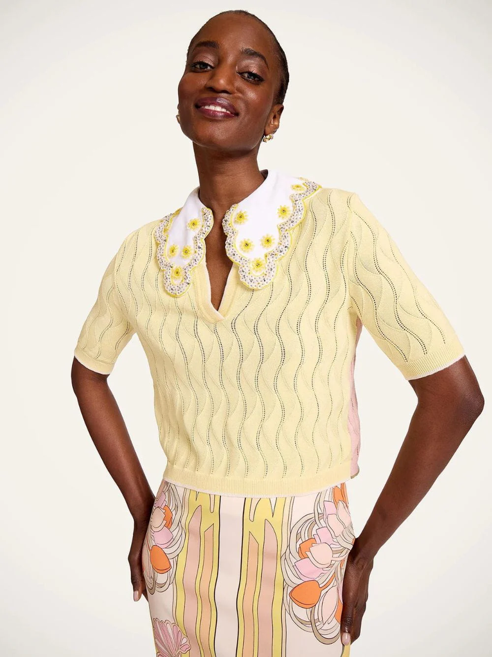 Yellow and Pink Embroidered Silk Cotton Blend Crop Polo - Image 2