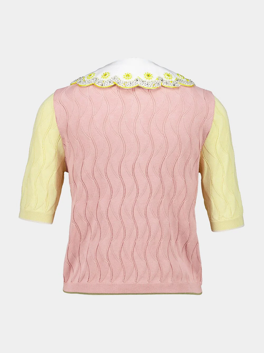 Yellow and Pink Embroidered Silk Cotton Blend Crop Polo - Image 3