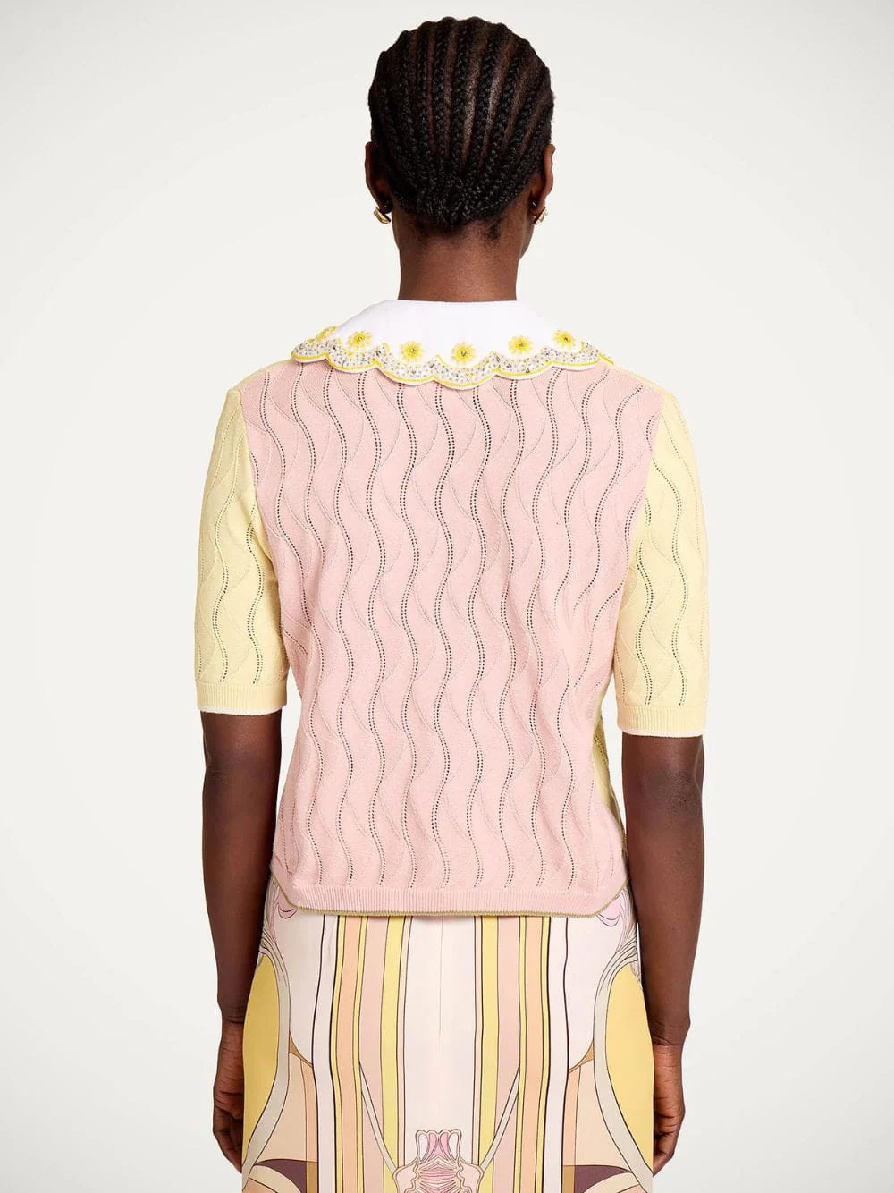 Yellow and Pink Embroidered Silk Cotton Blend Crop Polo - Image 4