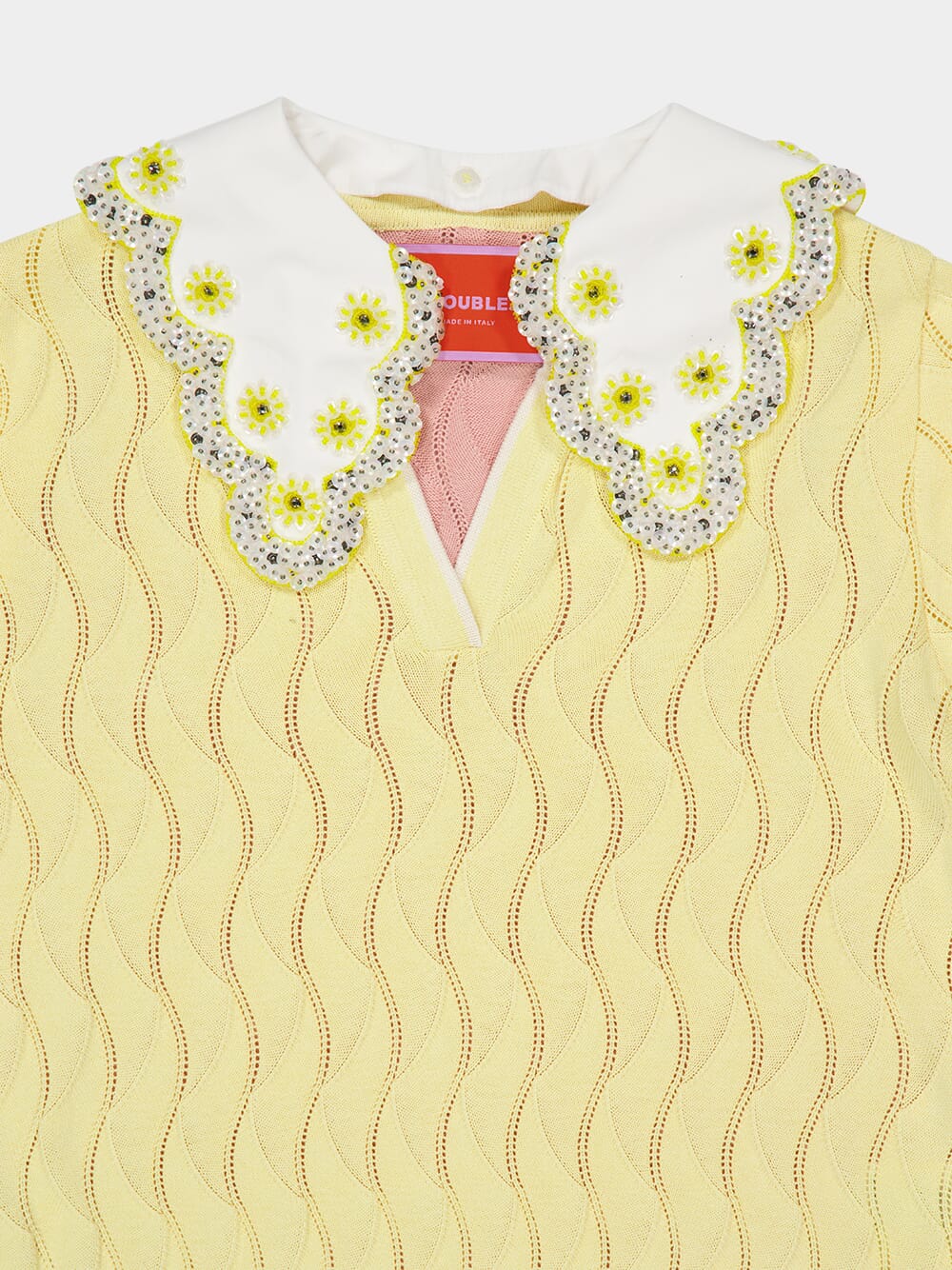 Yellow and Pink Embroidered Silk Cotton Blend Crop Polo - Image 5