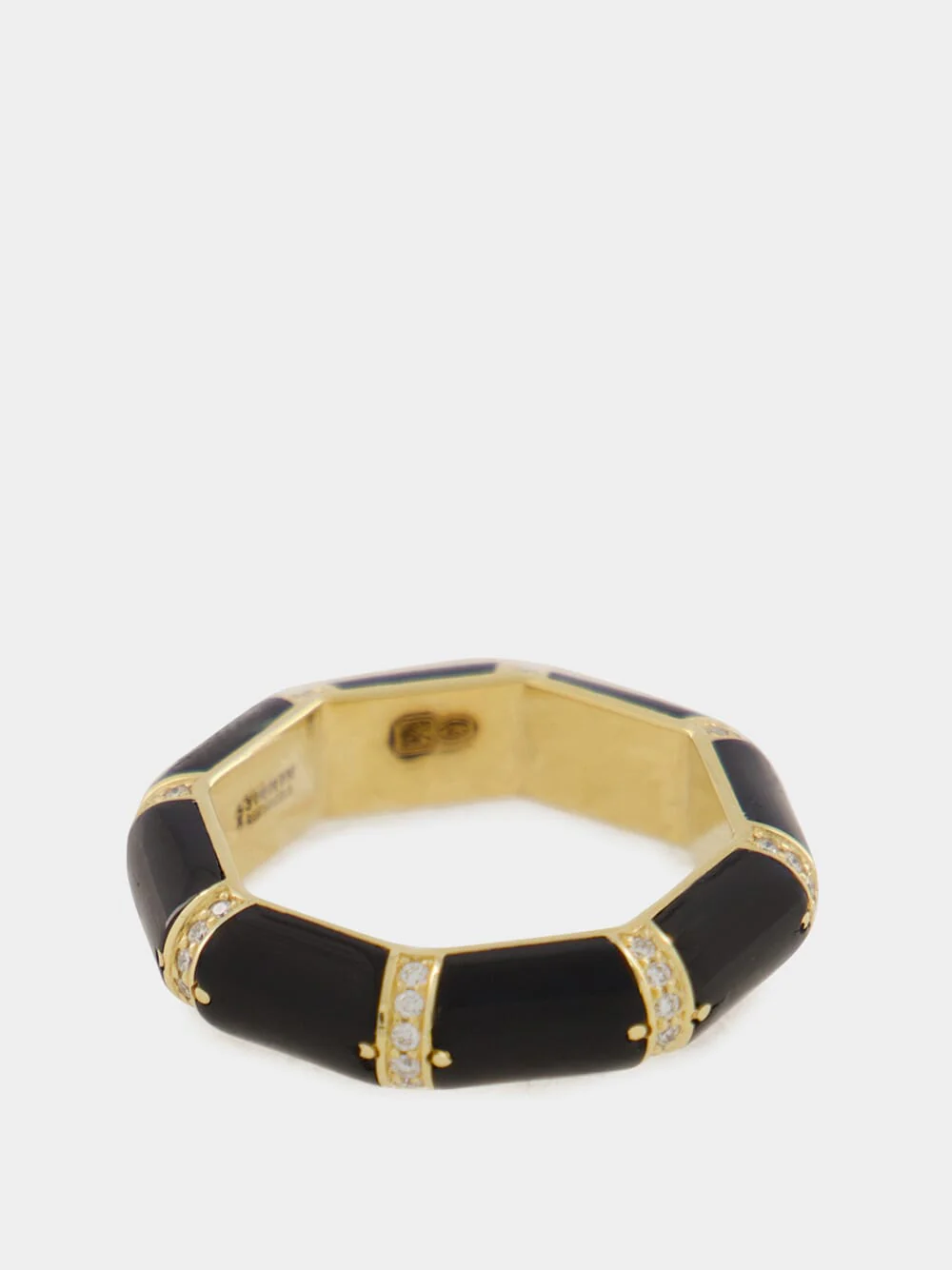 Black Onyx Bamboo Ring in 18K Gold with White Diamonds - Image 2