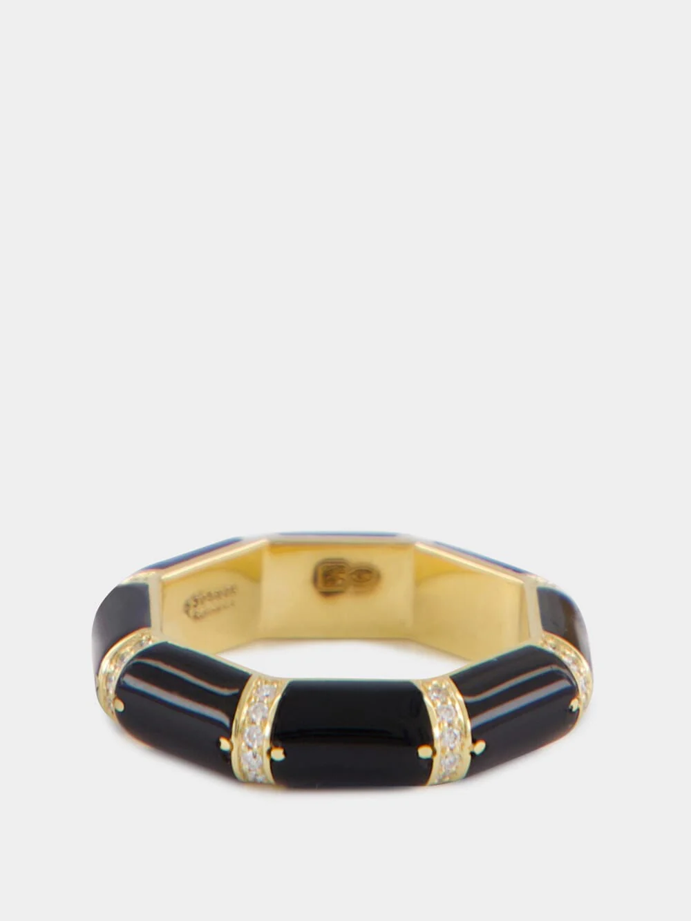 Black Onyx Bamboo Ring in 18K Gold with White Diamonds - Image 3