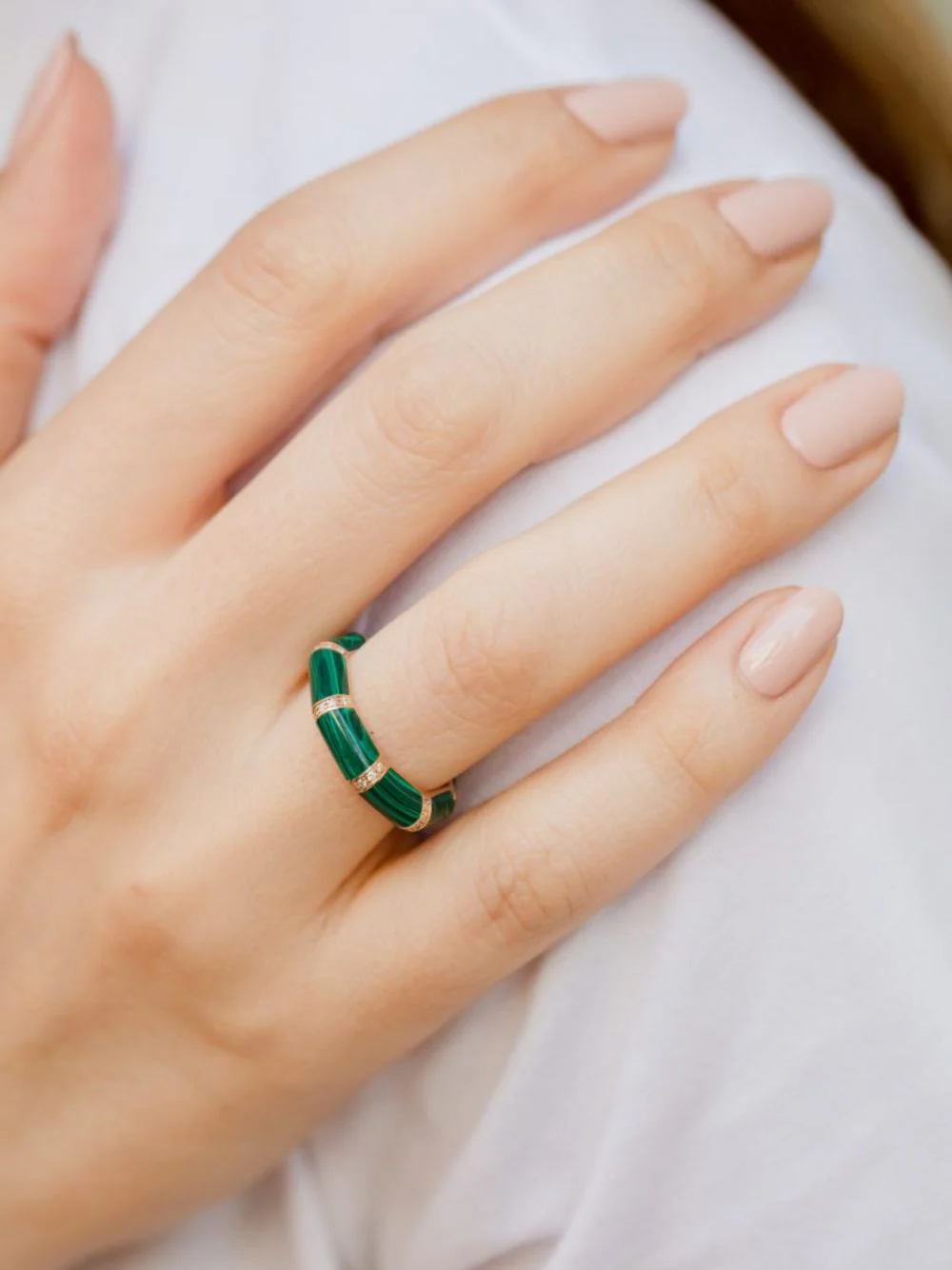 Malachite Green Bamboo Ring in 18K Gold with White Diamonds - Image 2
